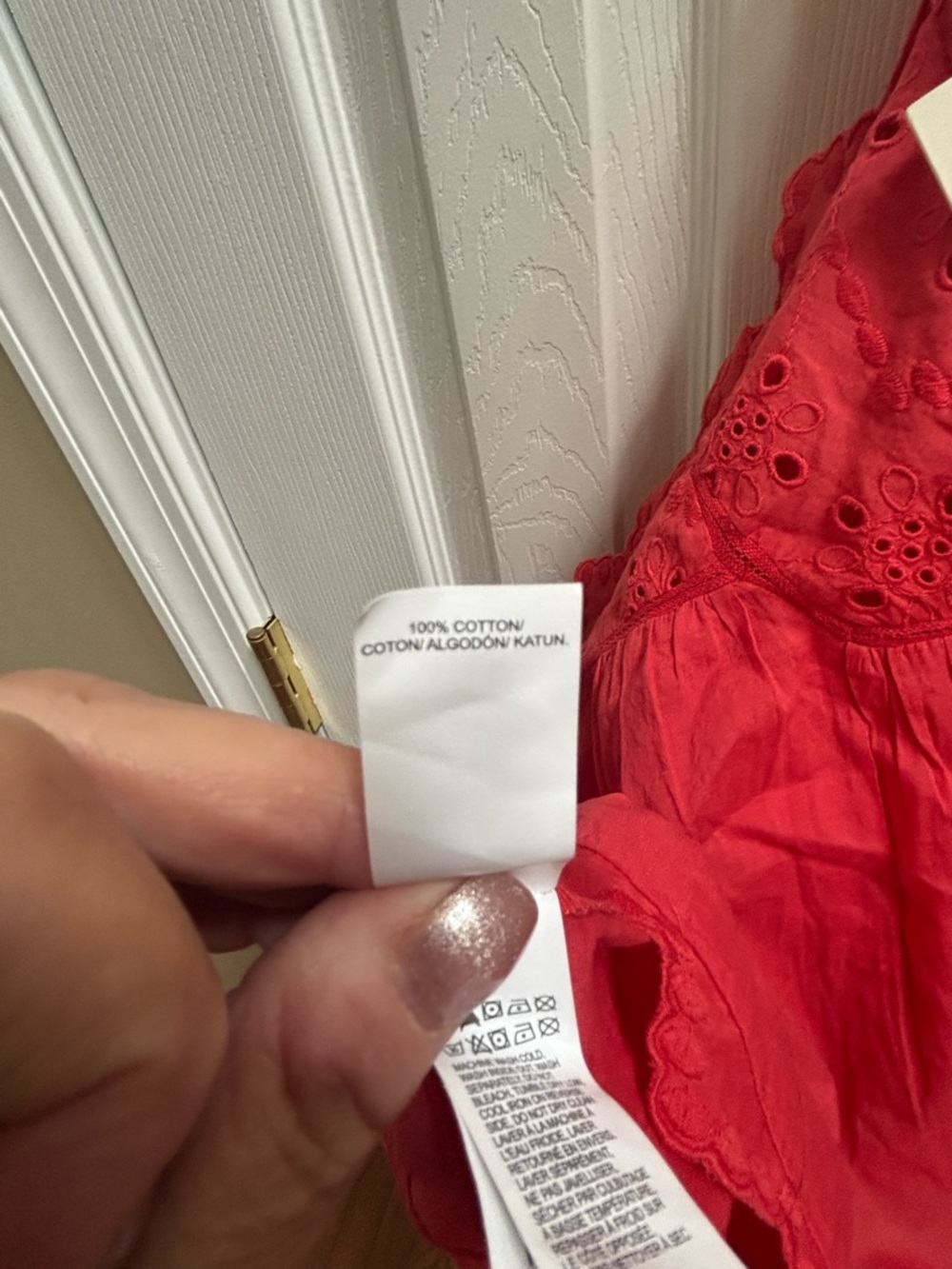 Lucky Brand Coral (NOT WHITE) Eyelet Cap-Sleeve Cotton Peasant Top, Size L, NWT - Picture 6 of 6